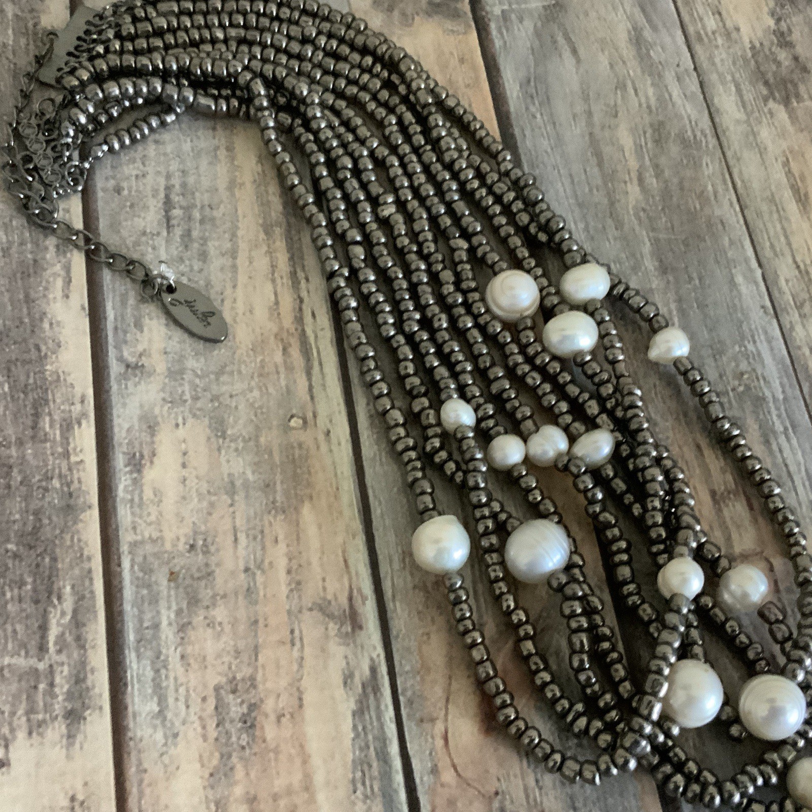 Signed Julea necklace gray glass seed beads and fresh water pearl necklace