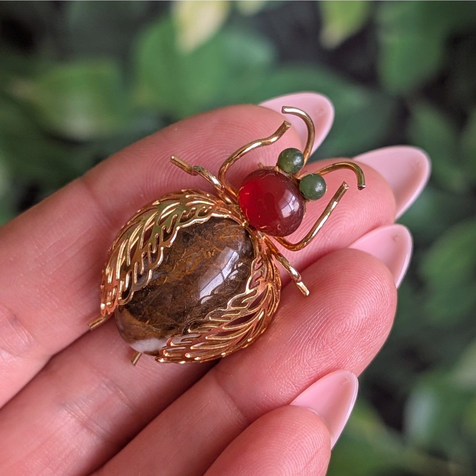 Vintage Beetle Brooch Gemstone Gold Tone Insect Pin Agate Stone Figural Bug