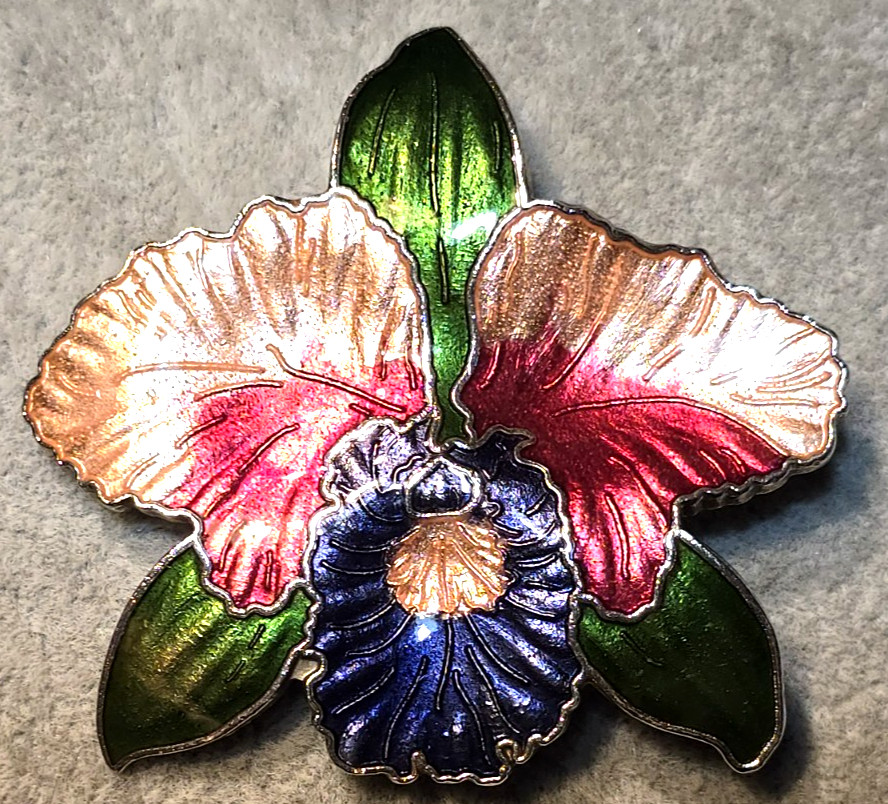 Vintage Cloisonne Enameled Orchid Brooch Pink Purple Silver Tone 2 inch