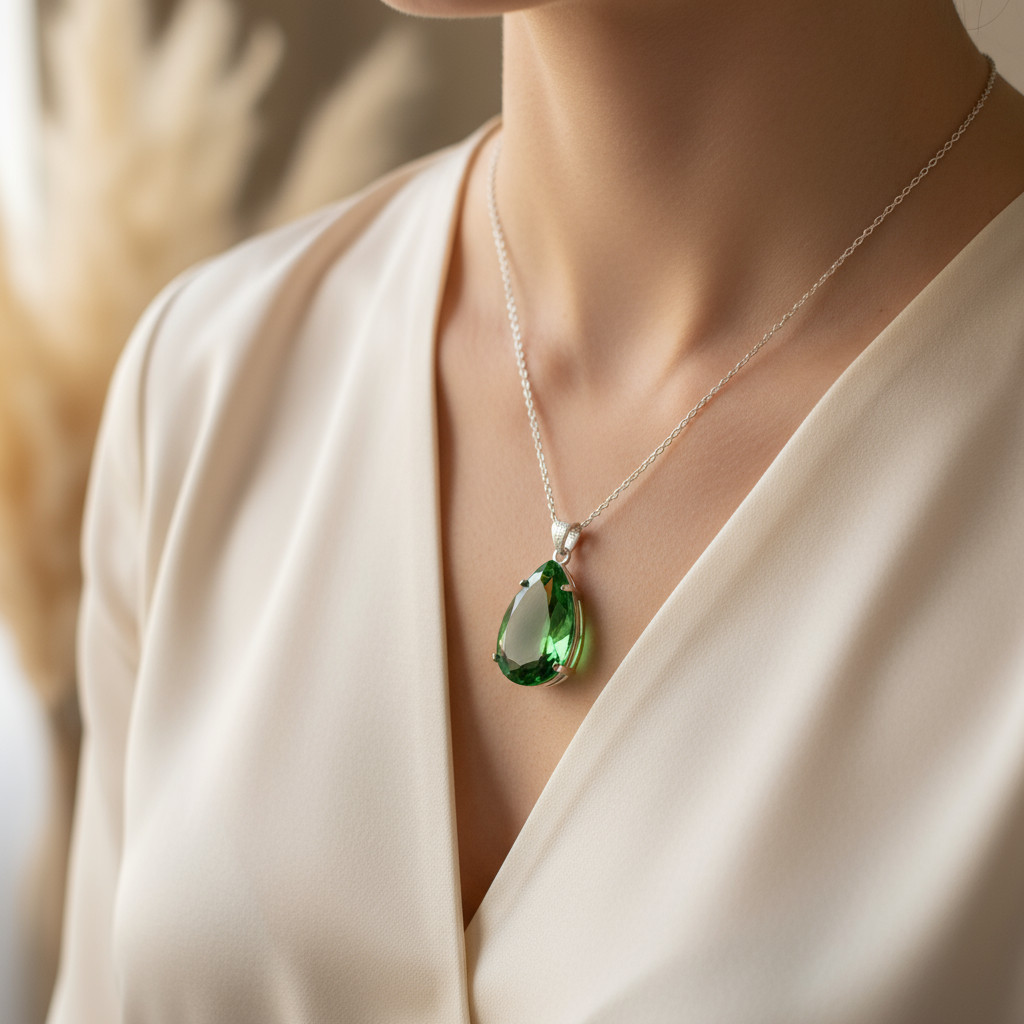 Emerald Pear Cut Sterling Silver Pendant Necklace: 70-80 Carat Gemstone