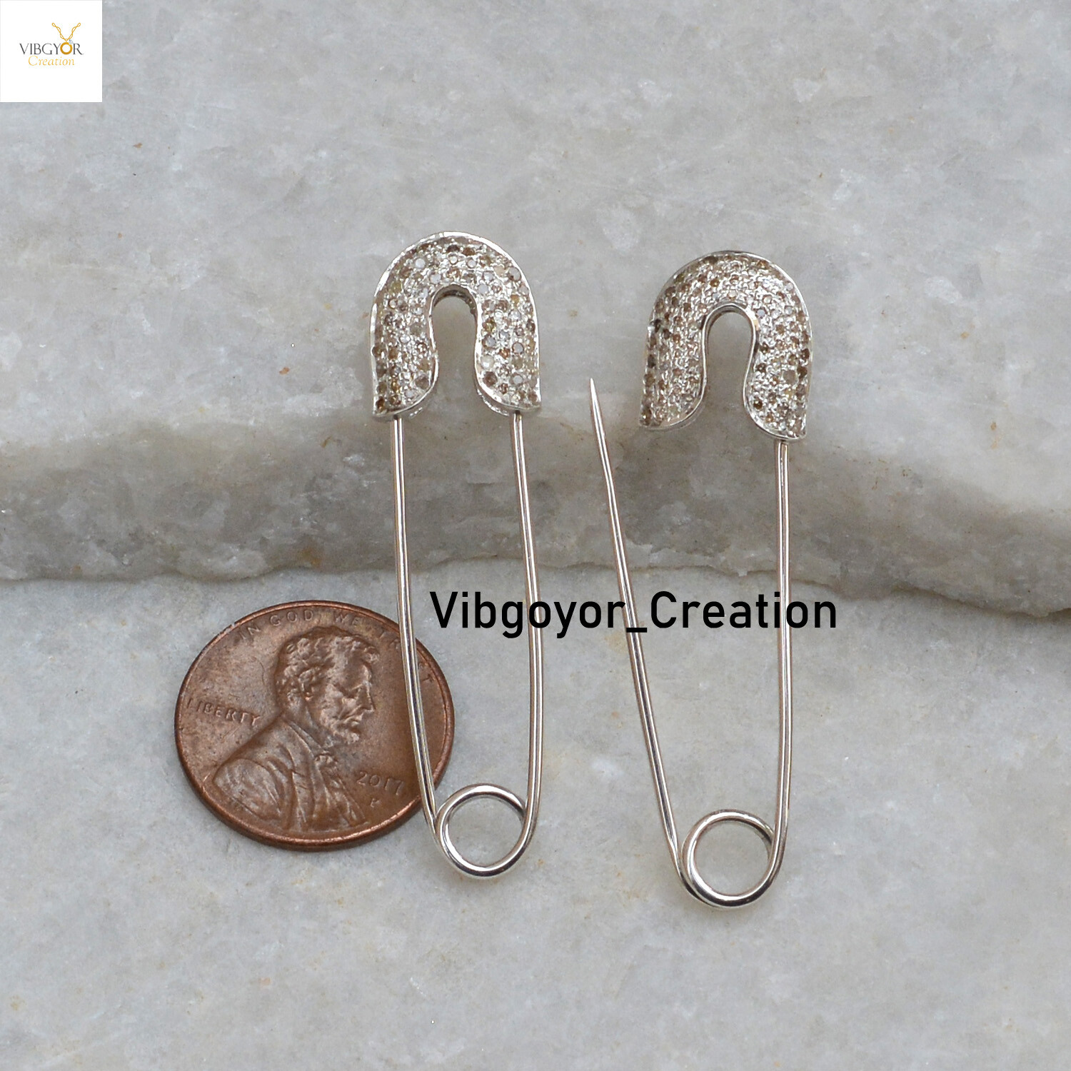 Sale! Diamond Safety Pin Pendant 925 Sterling Silver Handmade Jewelry Brooch Pin