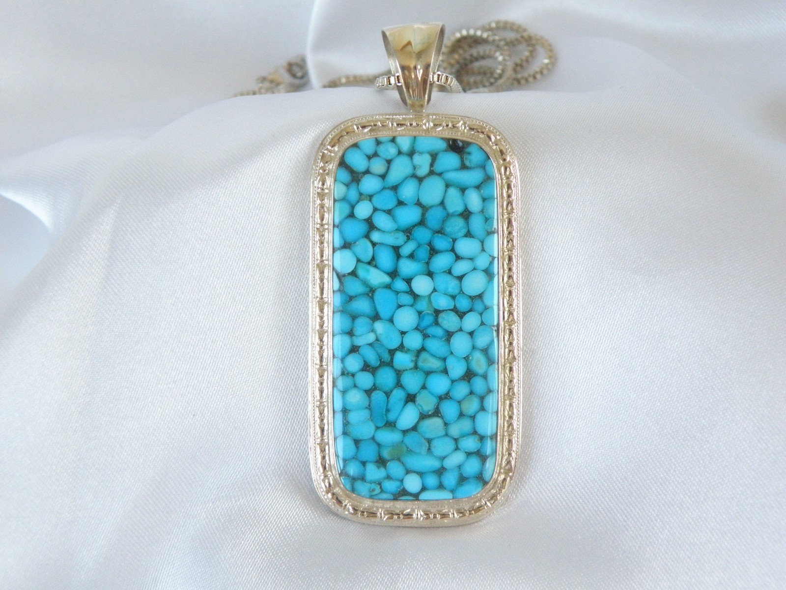 Huge Sterling Silver 925 Large Mosaic Turquoise Statement Pendant Necklace