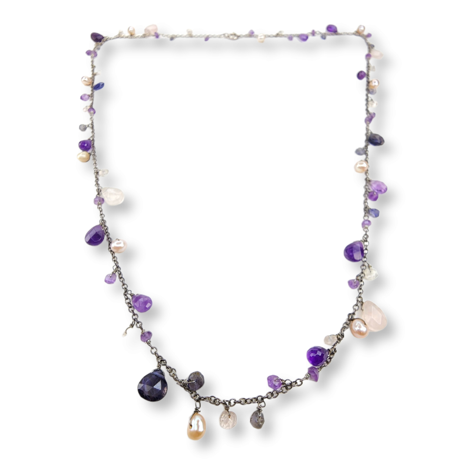 Sterling Silver 925 Necklace Faceted Amethyst Clear Quartz Pearl Beaded Dangle