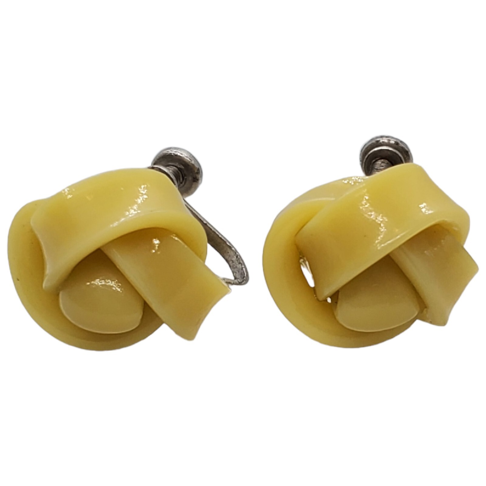Vintage Celluloid Screw Back Earrings Yellow Rose Knot Silver Tone .5″