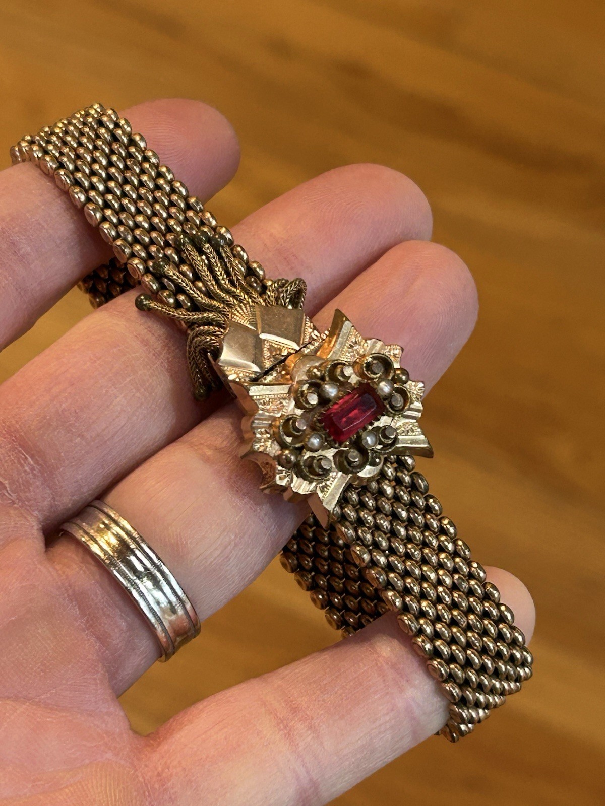 Victorian Gold Filled Slide Bracelet Red Stone Seed Pearls Tassels