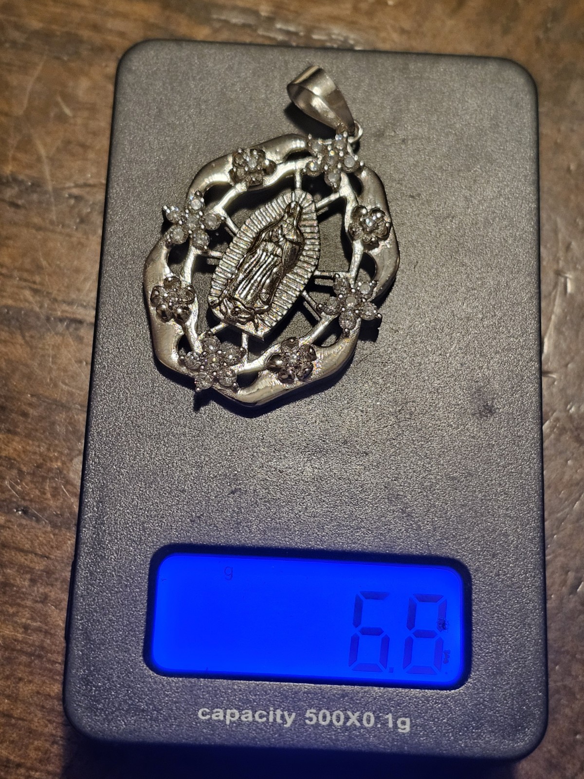 Sterling Silver 925 Virgen Mary Pendant Floral.6.8 Grams