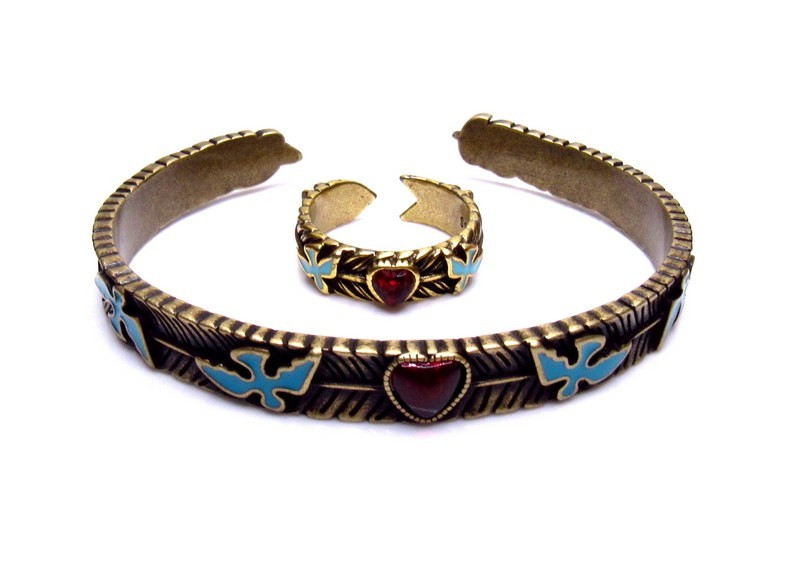 Garnet Silver Enamel Ring Bracelet SET Birds Hearts