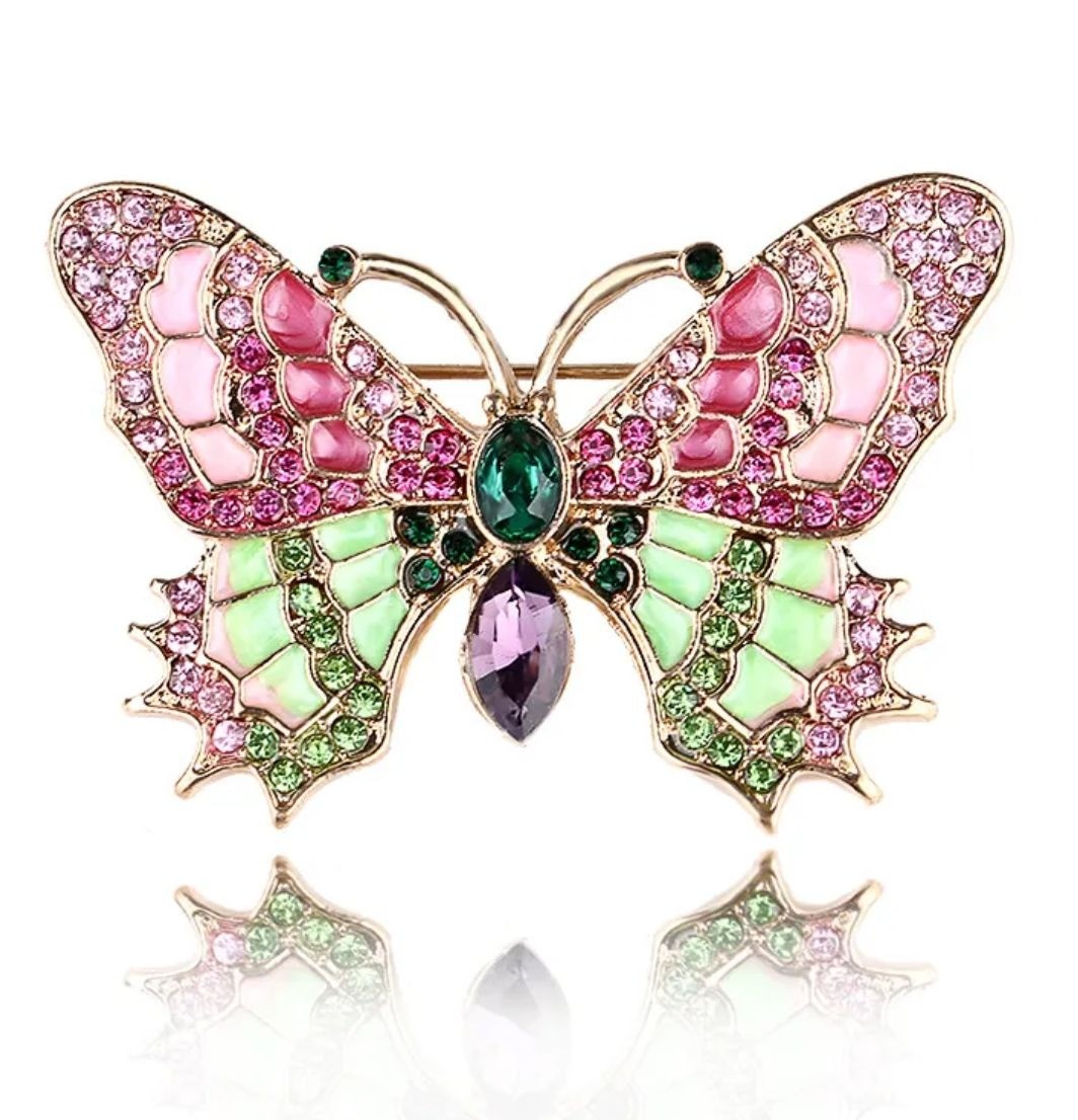 Pink and Green Butterfly Brooch Gold Tone Enamel & Crystals
