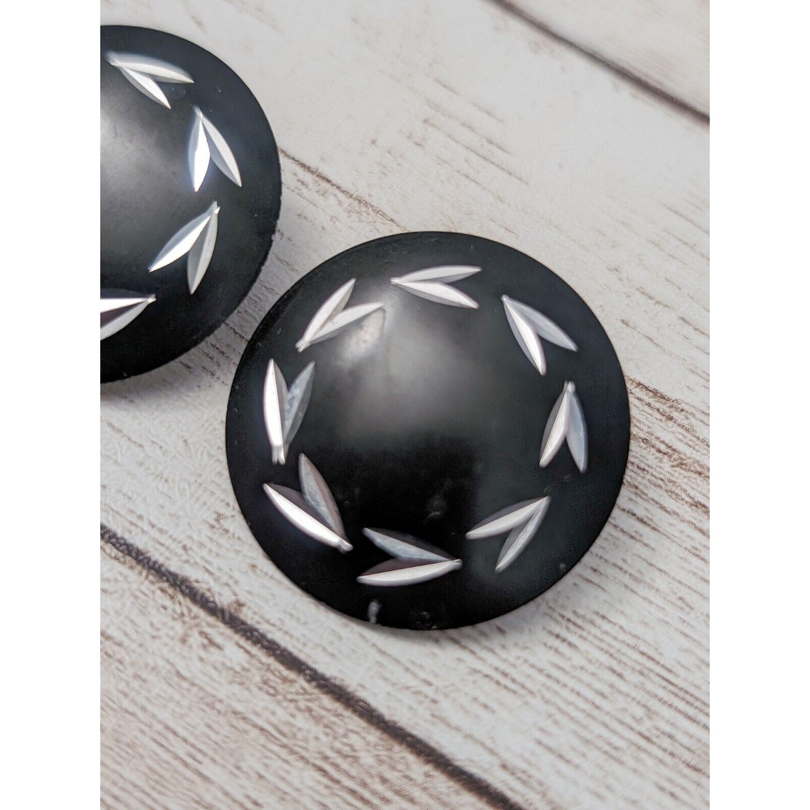 Vintage Clip On Earrings – Black with Silver Tone Design 1 & 1/8″
