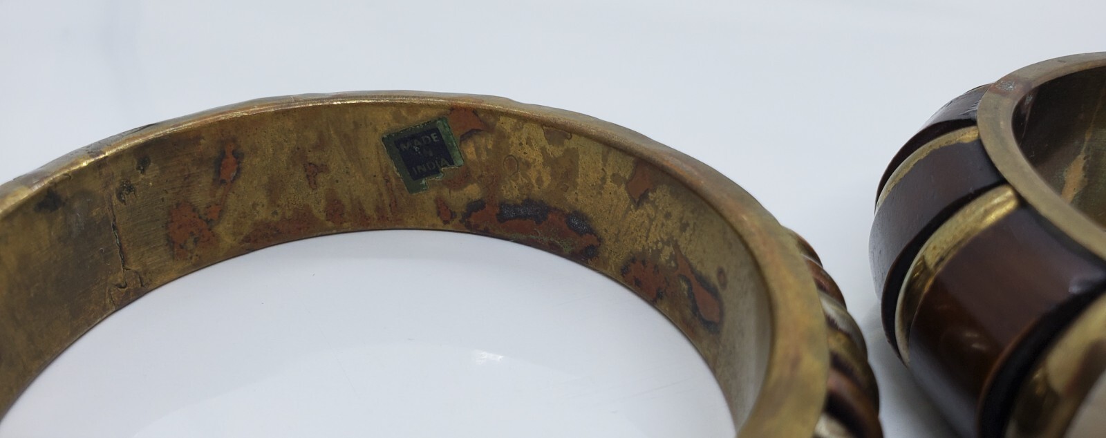 Vintage Wood Metal Bangle Bracelet White Brown Gold Lot of Two