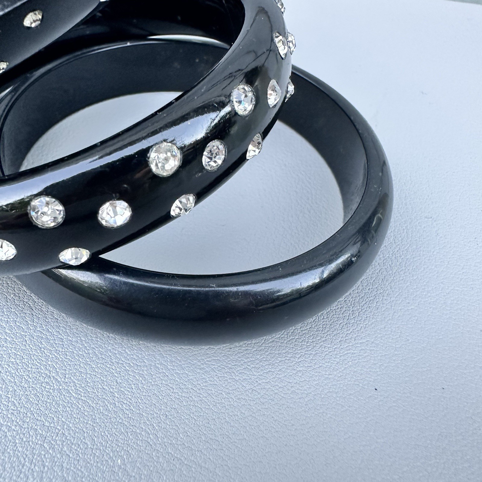Vintage Bangle Stack Black Rhinestone Sculptural Mod Lucite Acrylic Bracelet