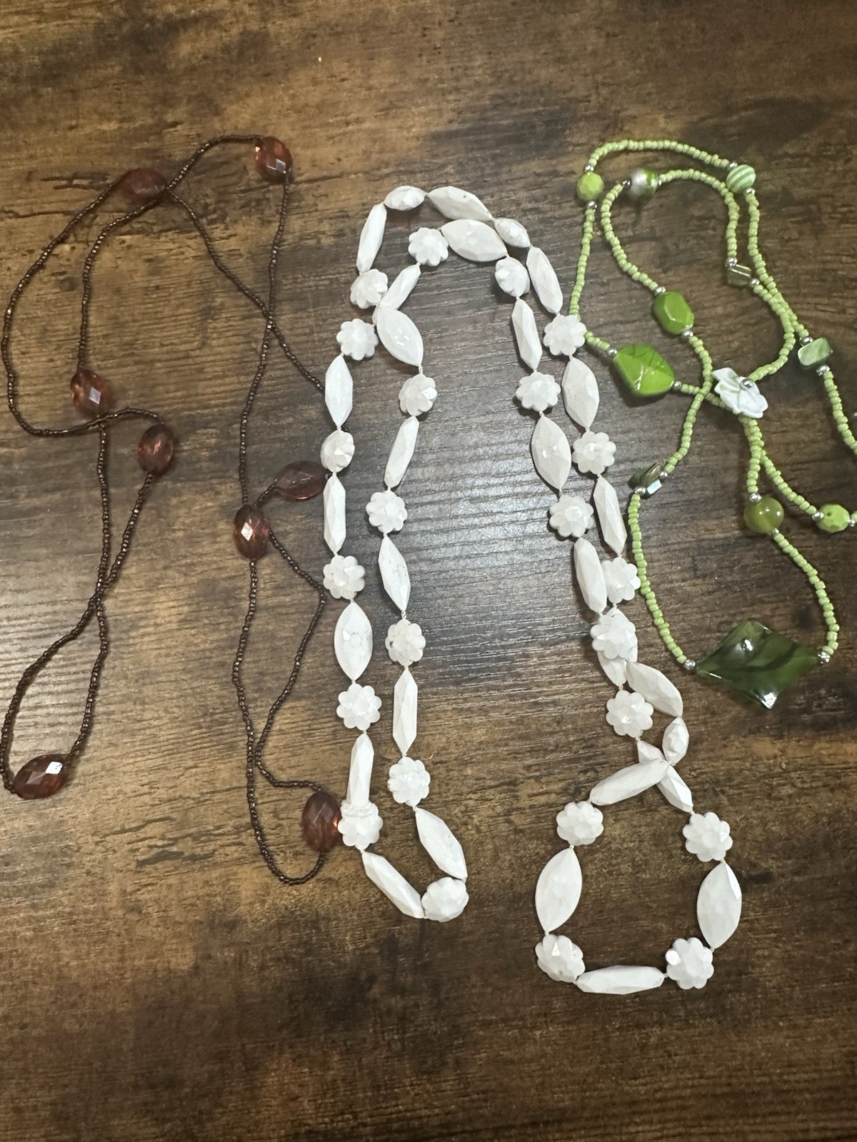 Vintage Style Beaded Necklace Lot Green White Brown Glass Acrylic Jewelry