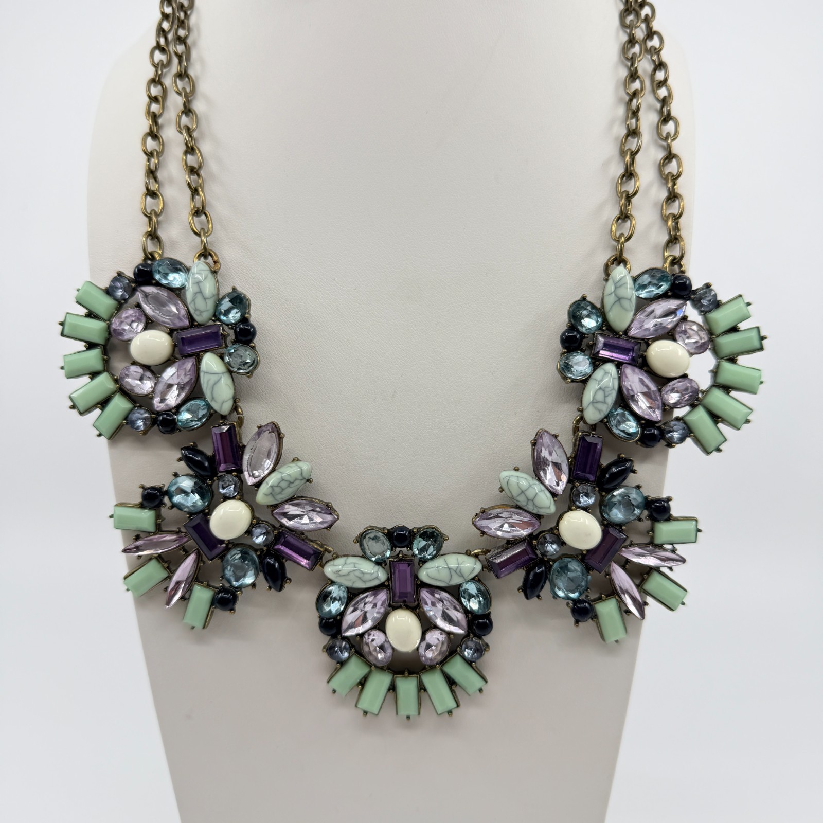 Vintage Brass Tone Rhinestone Mosaic Statement Necklace Cluster Chunky Bib Retro