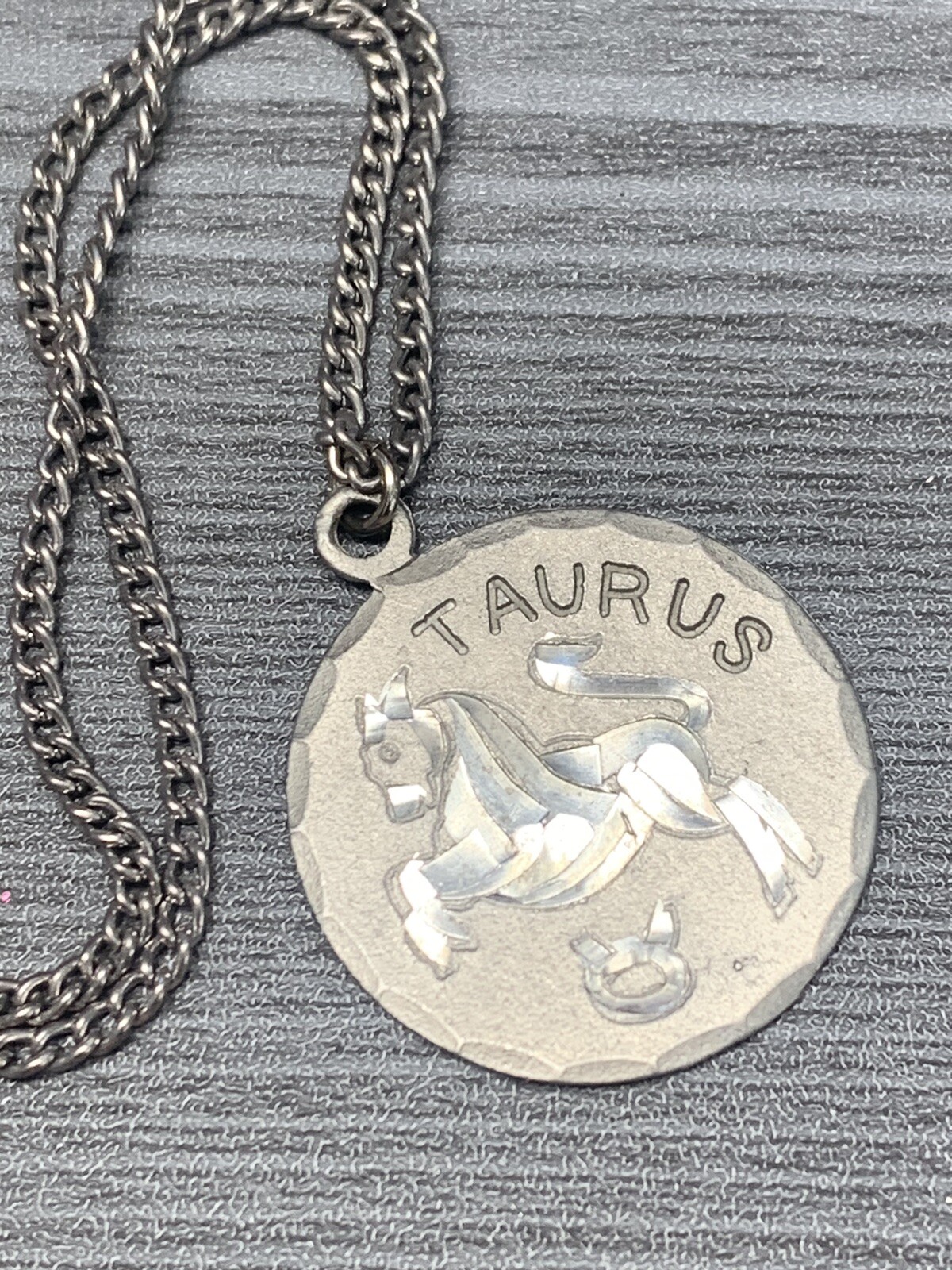 Vintage Pewter BDA Zodiac astrology Taurus Bull Engraved Pendant Necklace 18”
