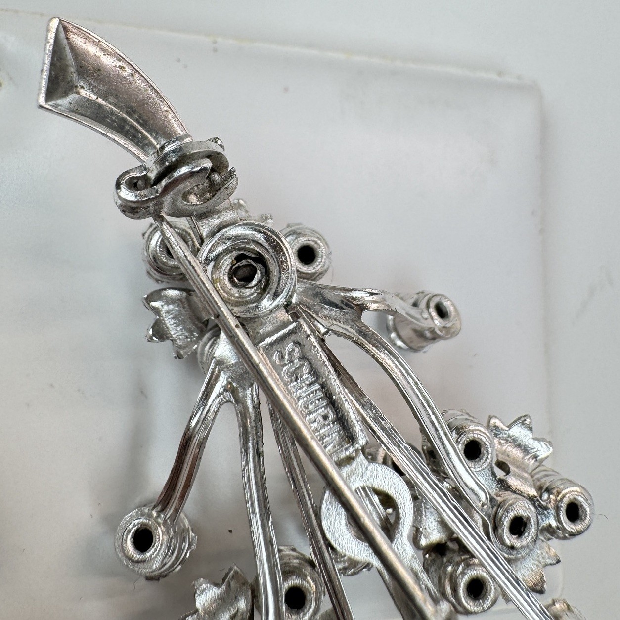 VTG Schurin Rhinestone Bouquet Brooch Pin Silver Tone Floral Spray Signed
