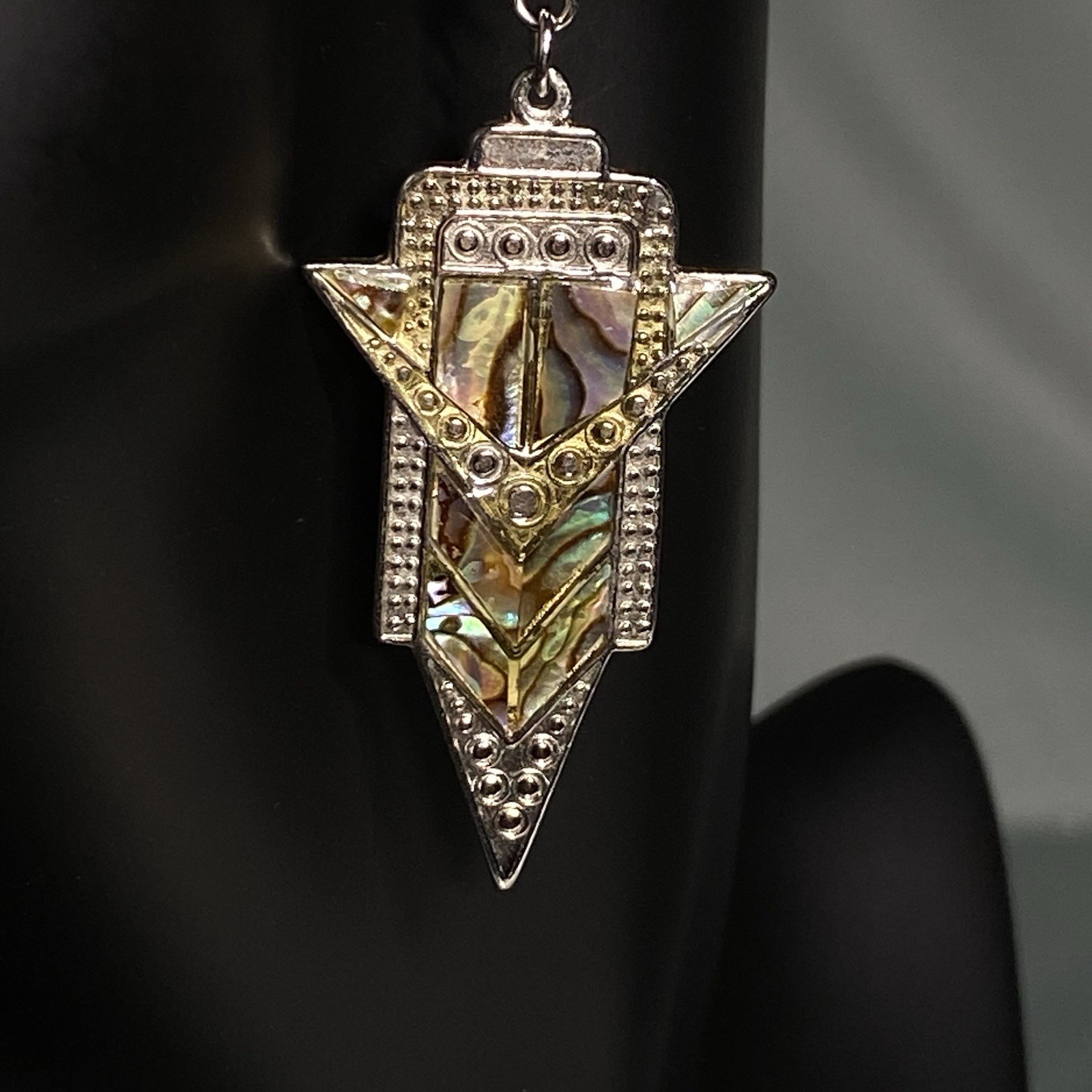 Art Deco Inlaid NZ Pāua Shell on Dangle Earrings 13g, Length Approximately 2”