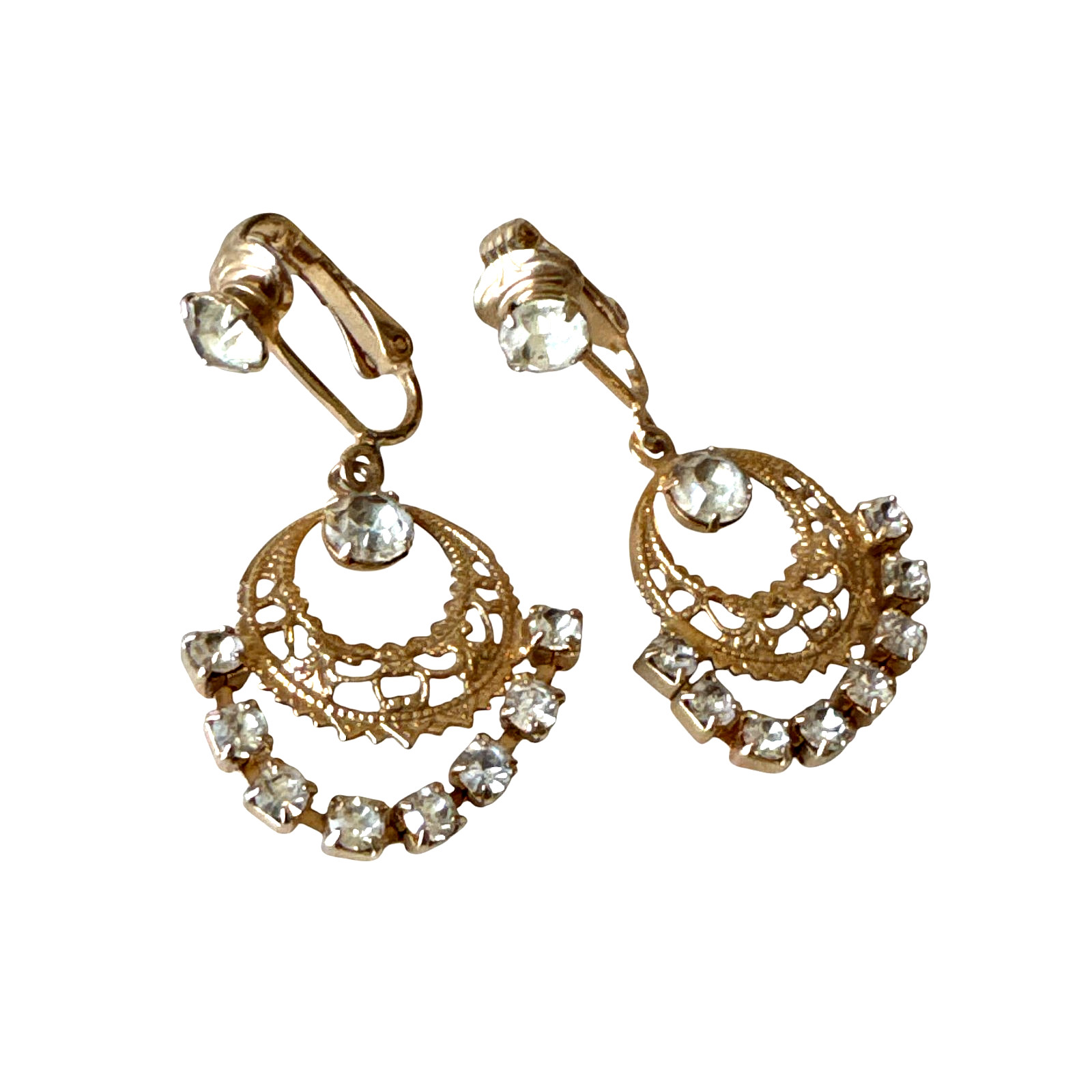 Vtg Sarah Coventry Drop / Dangle Prong Set Rhinestone Clip on Earrings Gold Tone