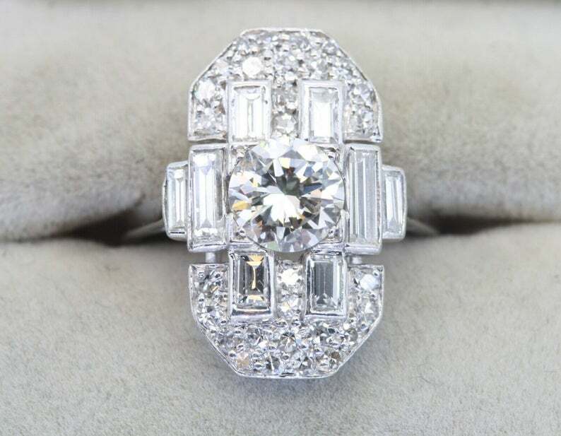 Art Deco Cluster Round Lab-Created Diamond Engagement 14K White Gold Finish Ring