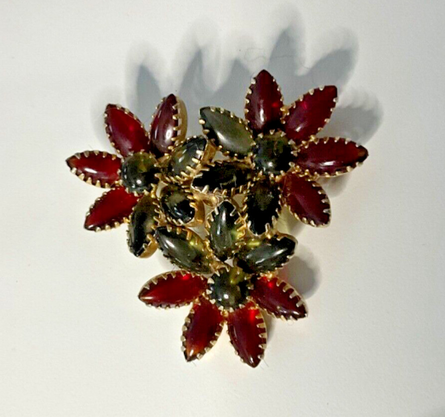 Vintage Warm Red and Gray/Green Flower Brooch approximately 2 inches long