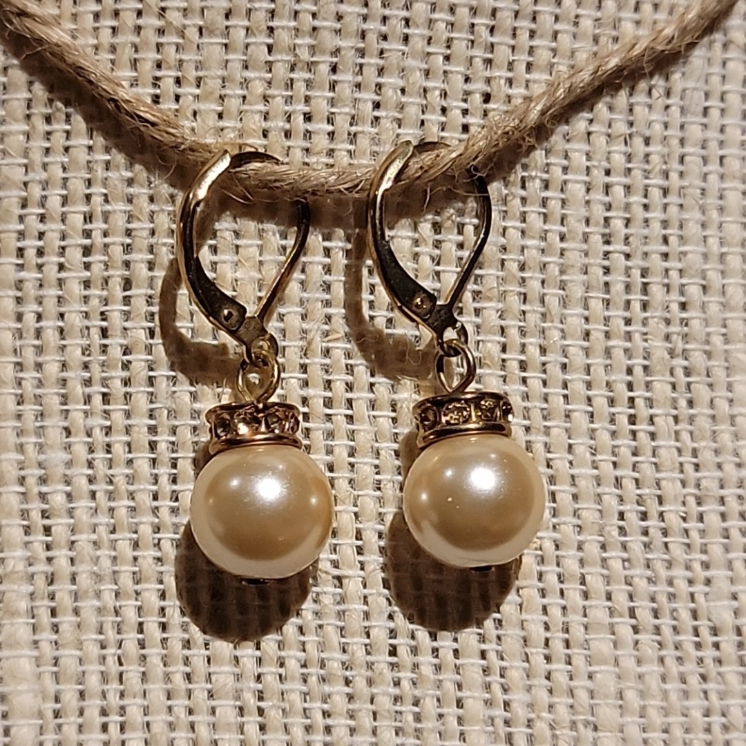 VTG Gold Tone Faux Pearl Rhinestone Rondelle Bead Earrings Dangle Classic Formal