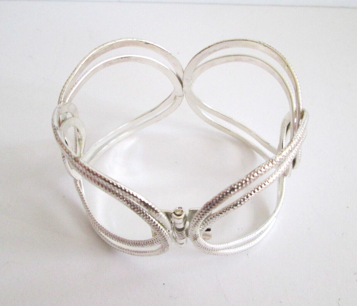 Open Work Scroll Sleeve Bracelet Wide Cuff Silver Tone Hinged 8.5″
