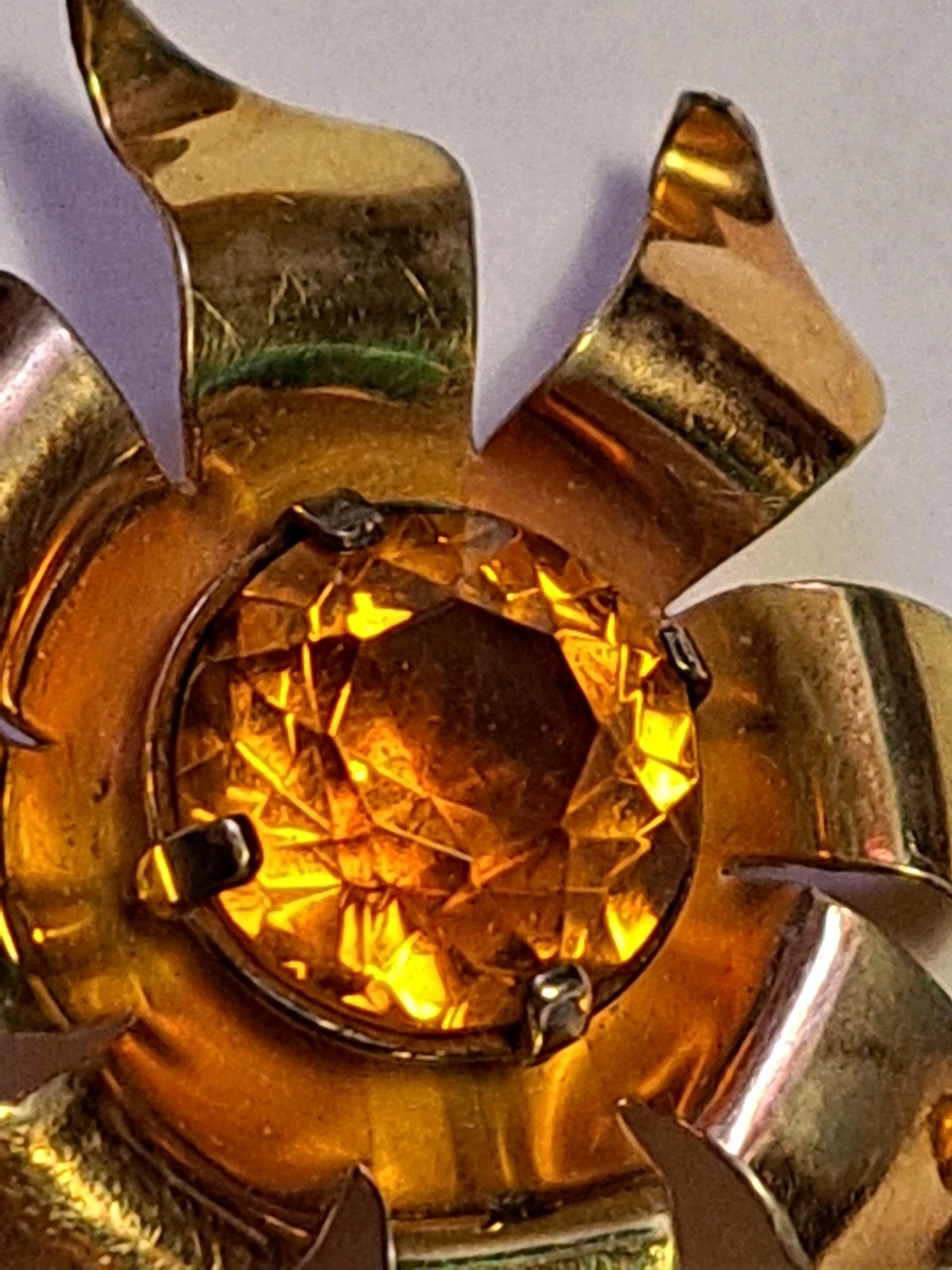 Huge 4″ Sterling Silver Gold Wash Flower Brooch Pin Amber Citrine Glass 16 Grams
