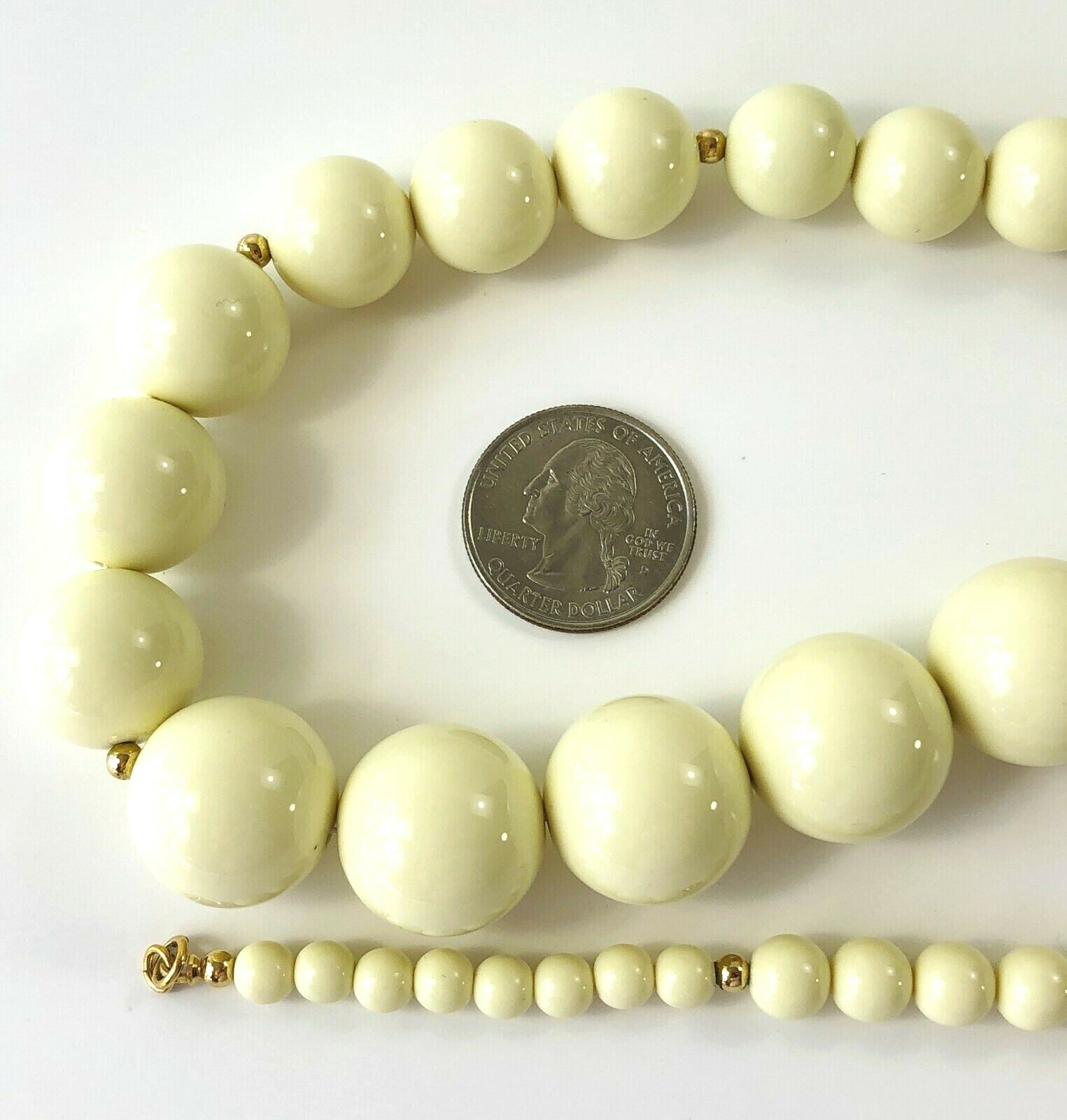 Vintage Monet Signed Graduated Bead Necklace Cream Gold Tone Sister Clasp 31″