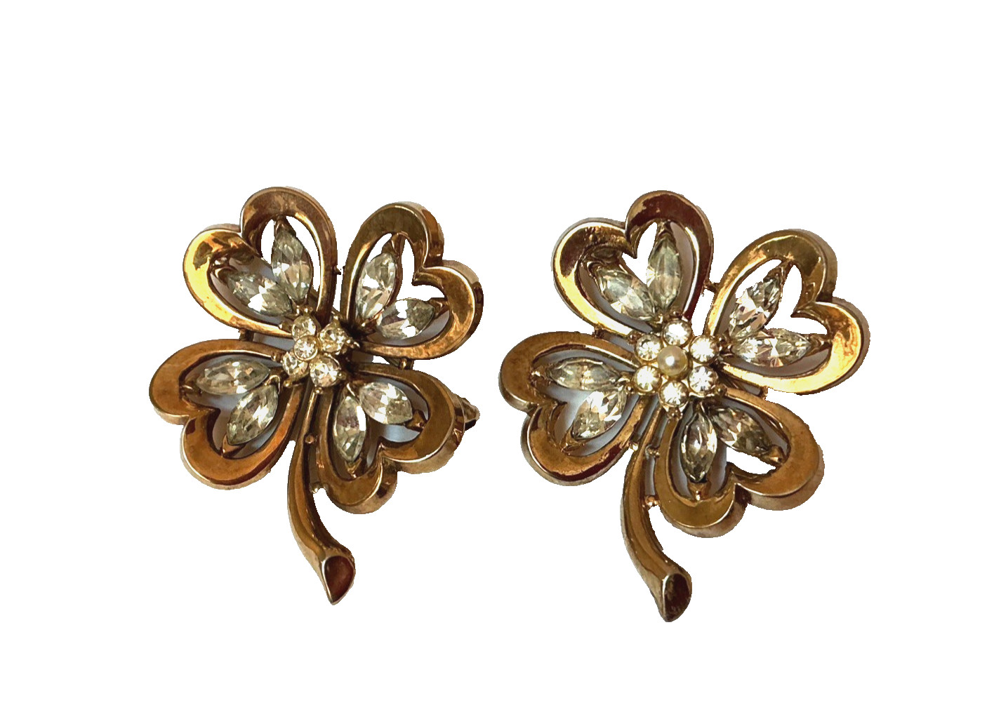 Vintage Crown Trifari Sterling Sillver Clover Brooch Pin Goldtone Set of 2