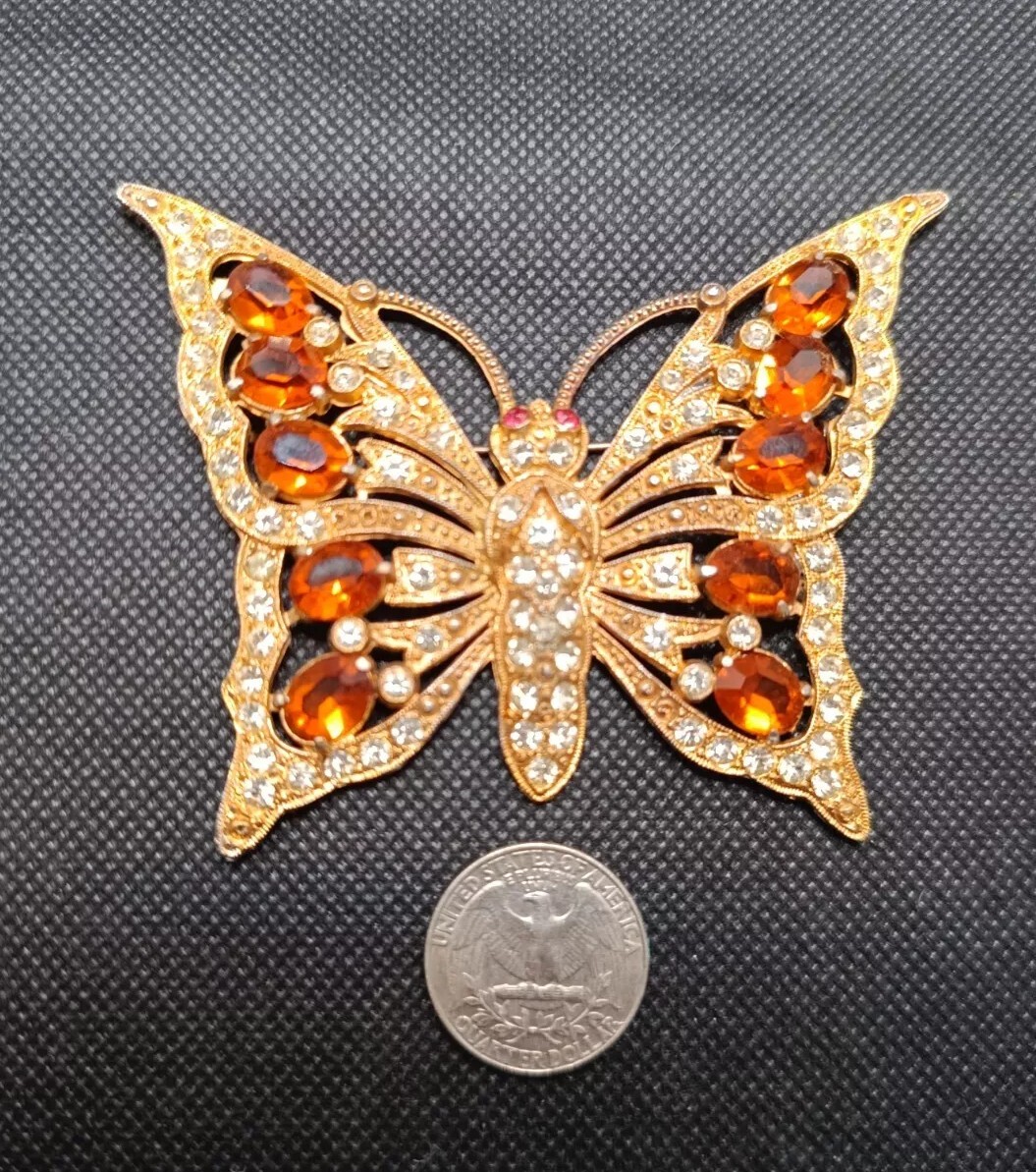 Vintage Large Butterfly Brooch 3″ Gold Tone& Crystal Unsigned
