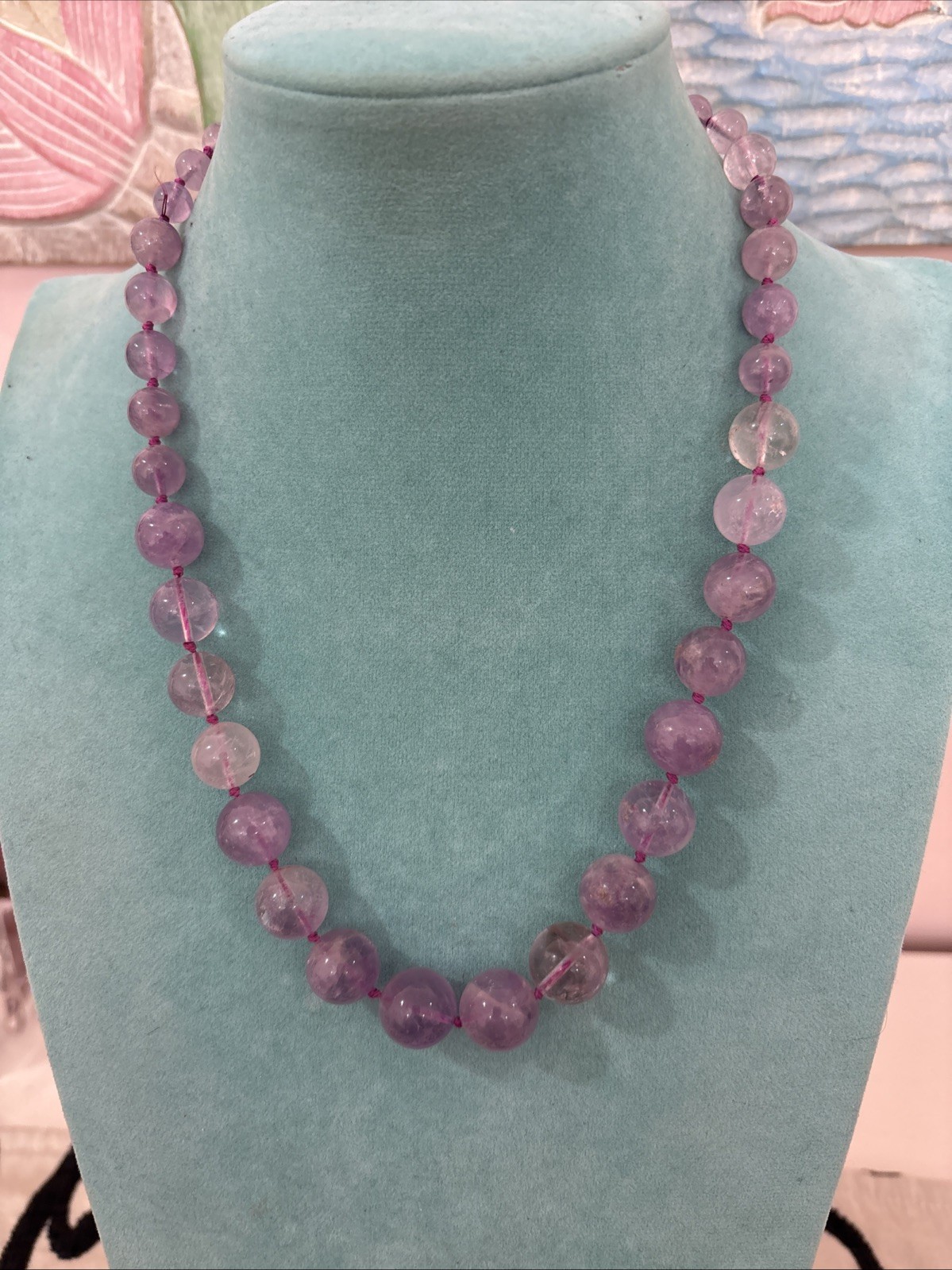 Vintage Chinese Export Sterling Silver Clasp Hand Knotted Amethyst Necklace 20″