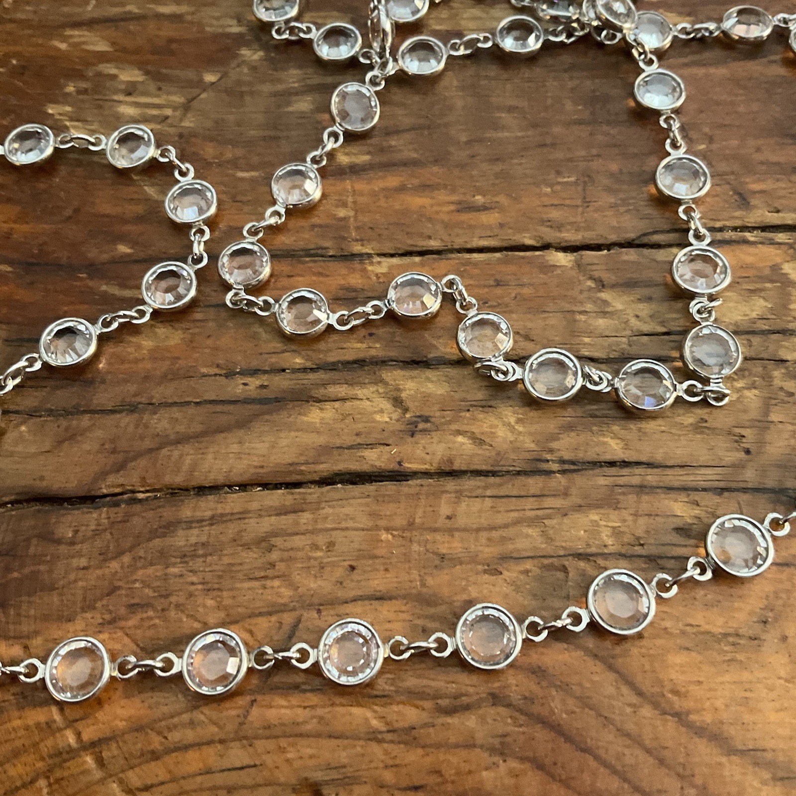 Vintage 36” Bezel Set Clear Austrian Crystal Open Back Discs Silver Tone