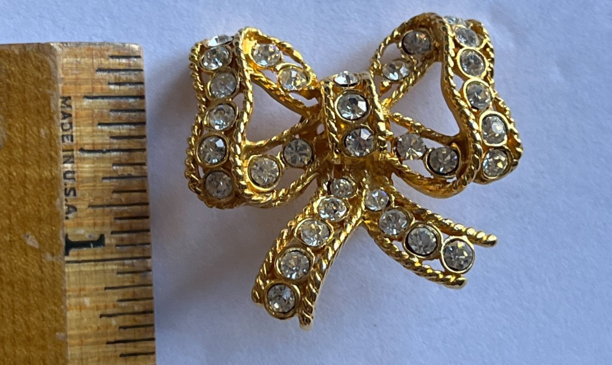 Vintage 1980s Rhinestone Bow Gold Tone Clip Earrings Bridal Statement Signed AFJ