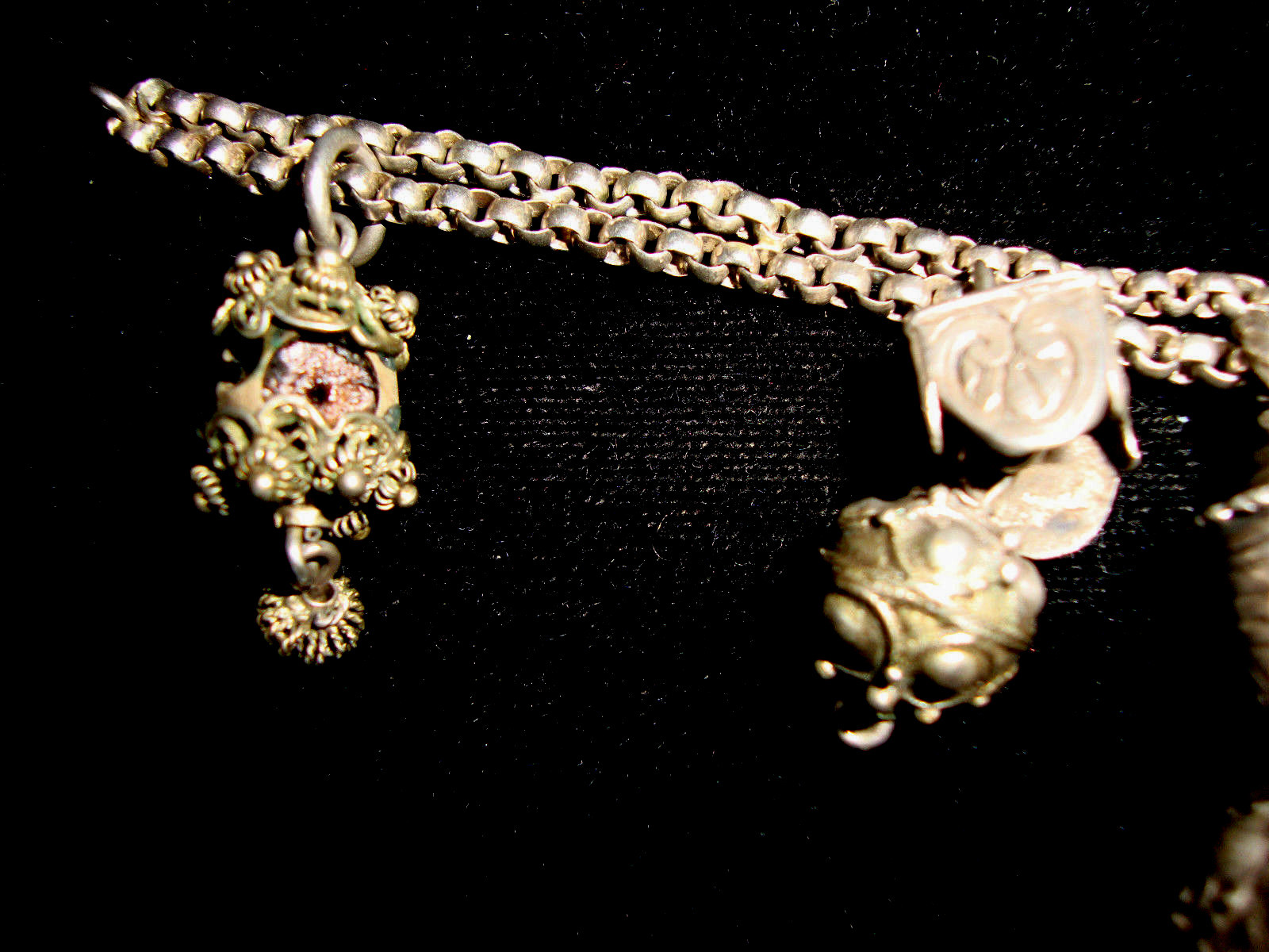 Sterling Silver Etruscan Bali Filigree Fob Charm Rolo Link Double Chain Bracelet