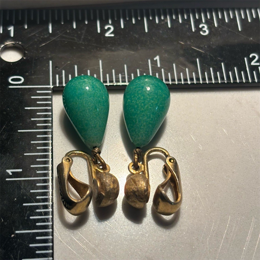 Vintage Teardrop Dangle Clip-On Earrings Green Textured Ball Gold Tone