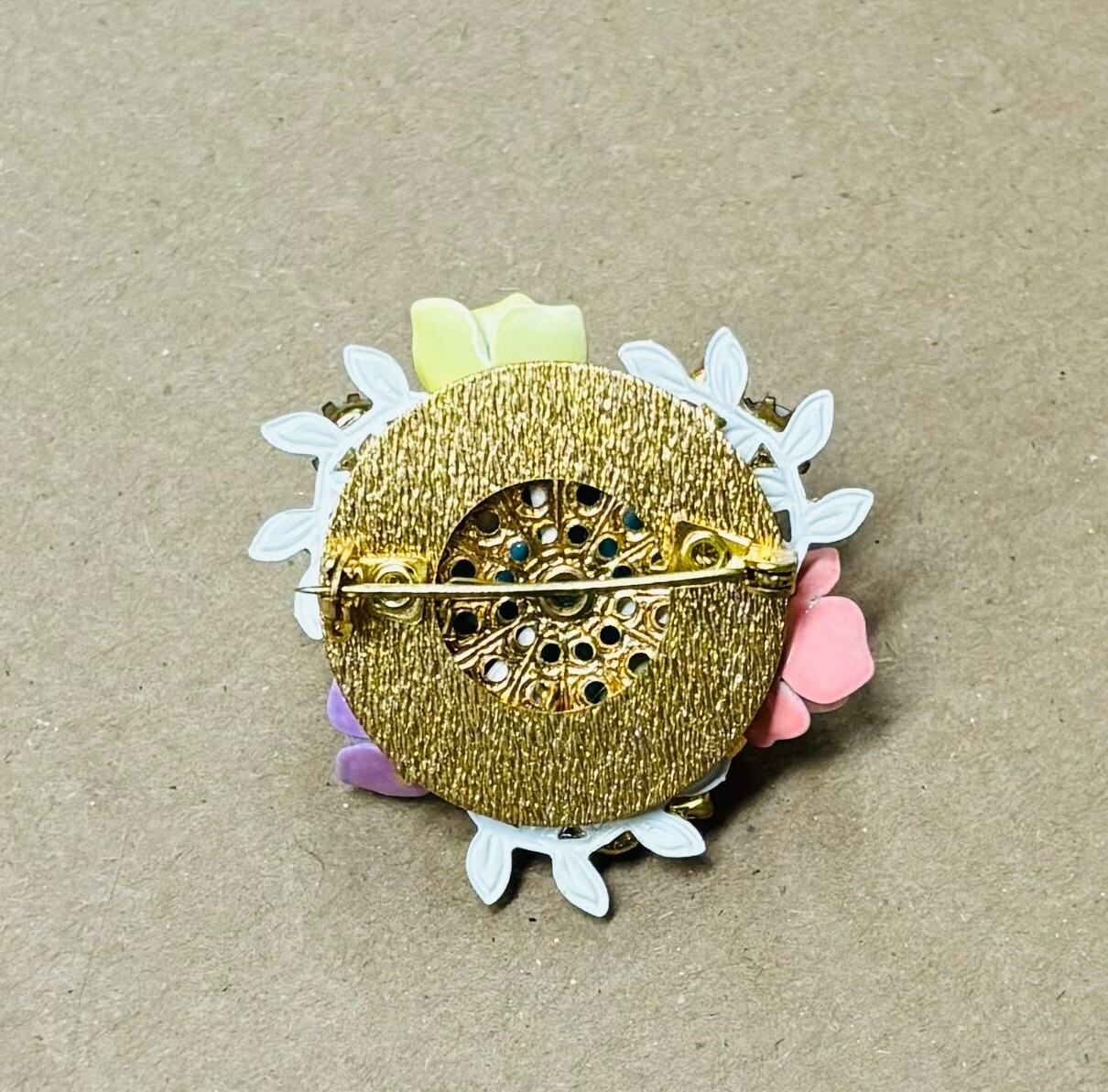 Vintage Weiss Multi Floral Bouquet Brooch-Enamel/Rhinestone/Gold Tone Metal