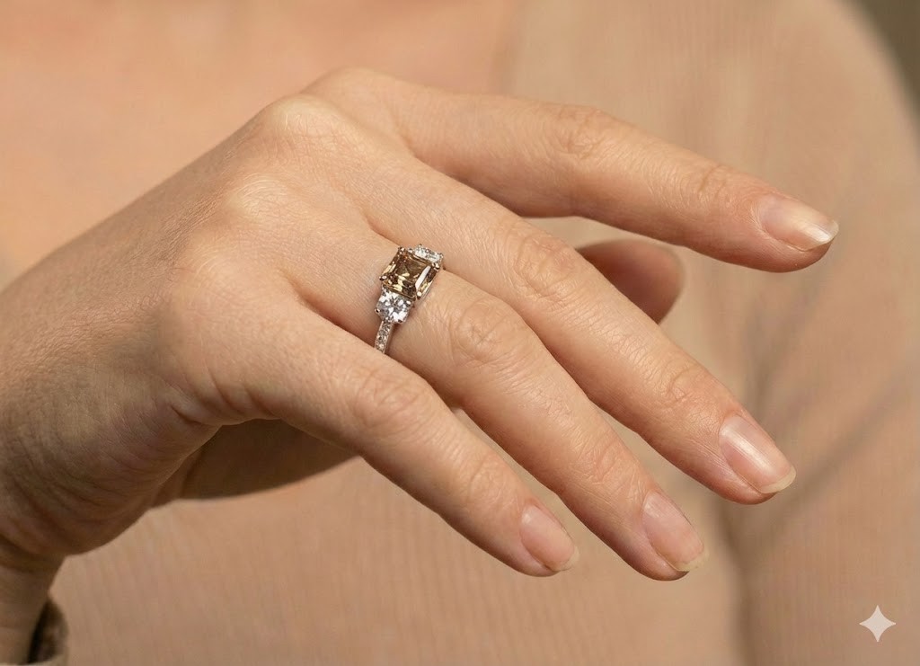 14k White Gold Vintage Engagement Ring 2.06ct. Champagne Diamond Asscher Cut