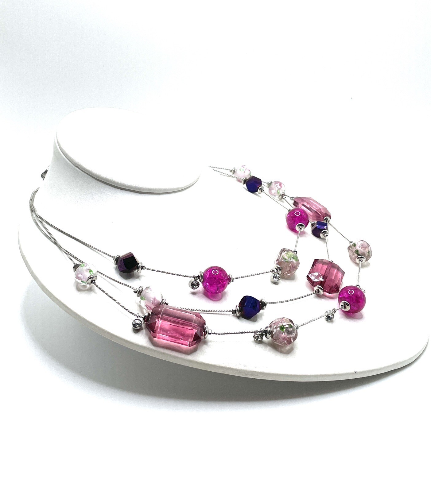 Murano Sommerso Venetian Pinks Purples Rose Three Strand Necklace Vintage Unique