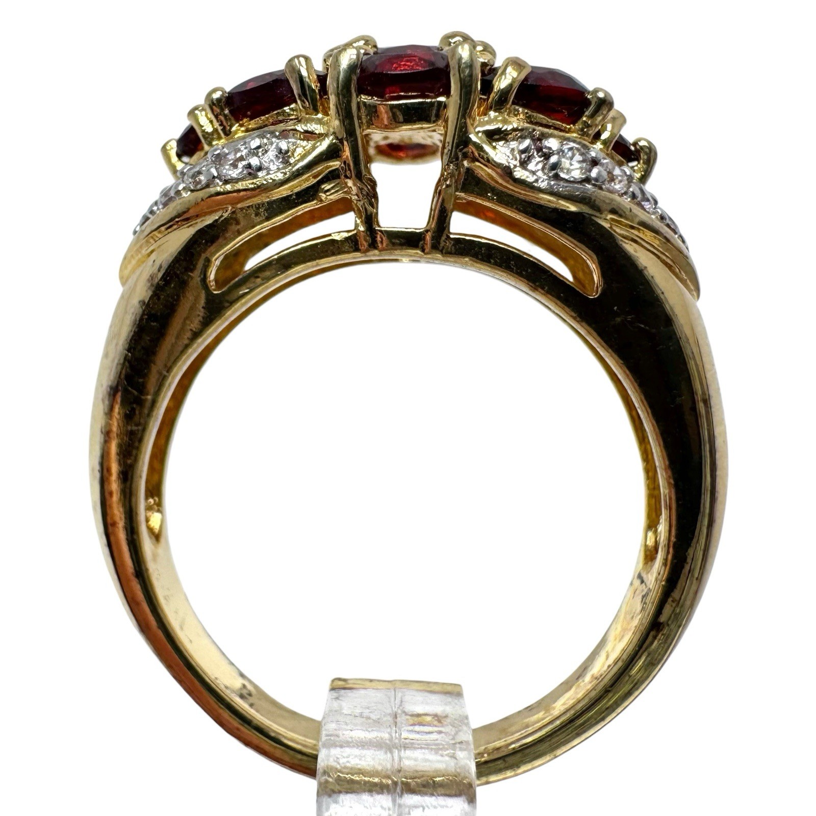 Vintage Gold Tone Red Garnet Cluster Ring Clear Rhinestone Accents 7.5