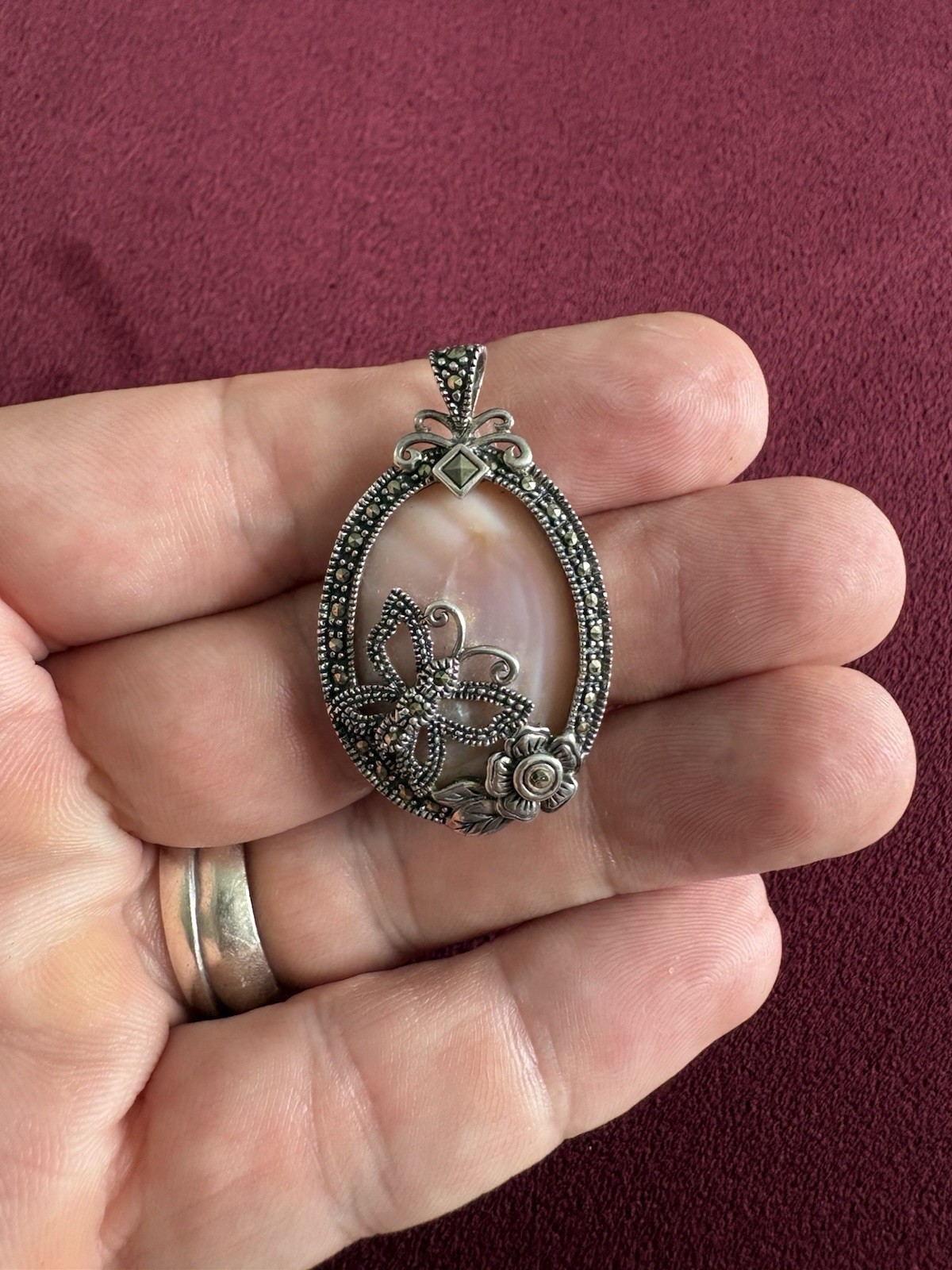 925 Sterling Silver Marcasite Mother of Pearl Butterfly Pendant Vintage