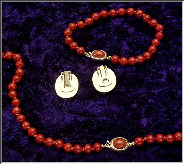 Vtg Italian Red Coral Venetian Glass 5 mm Bead Necklace Bracelet & Earrings Set