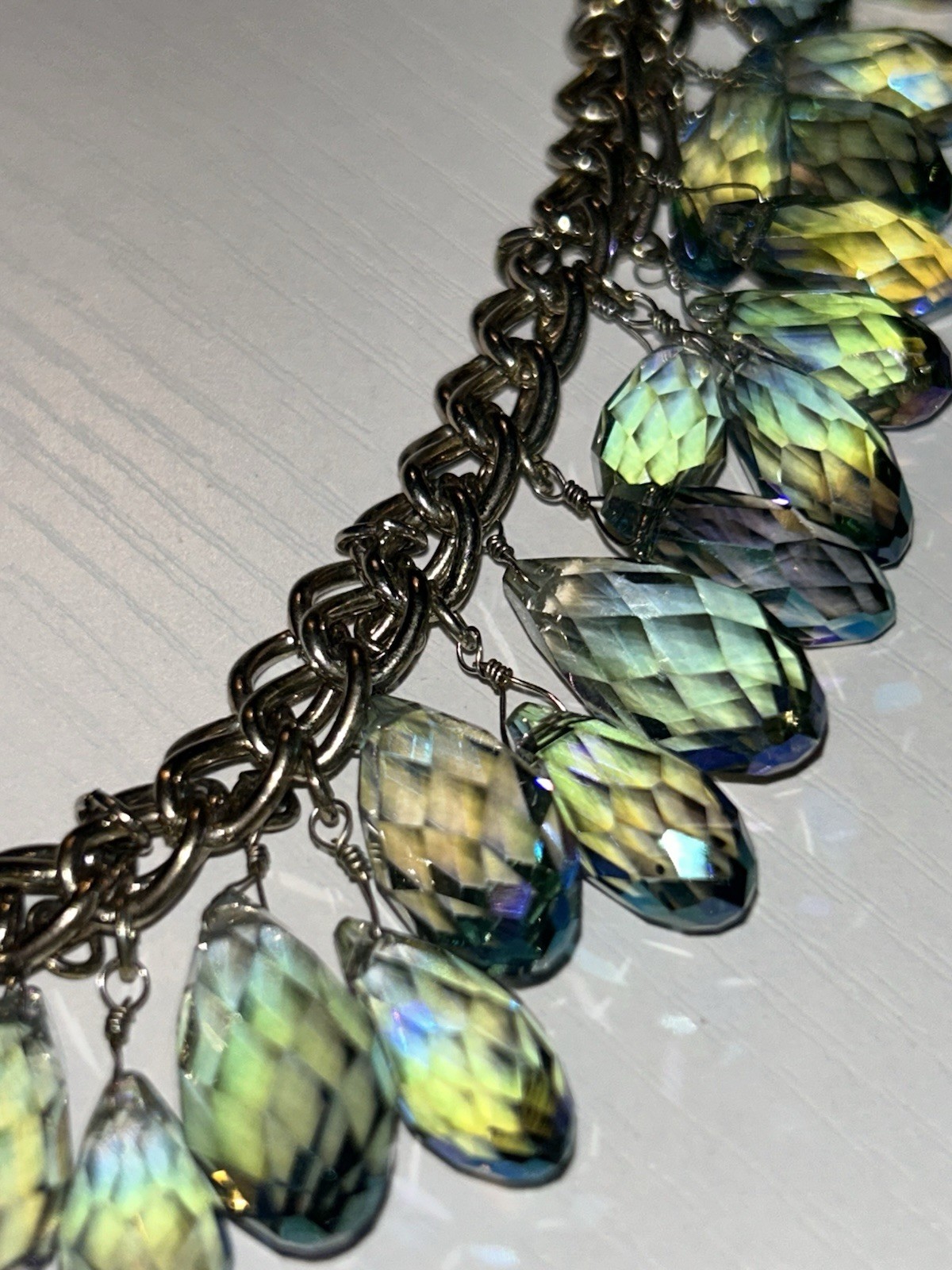 Vintage AB Crystal Teardrop Fringe Necklace Iridescent Glass Statement Bib 26”