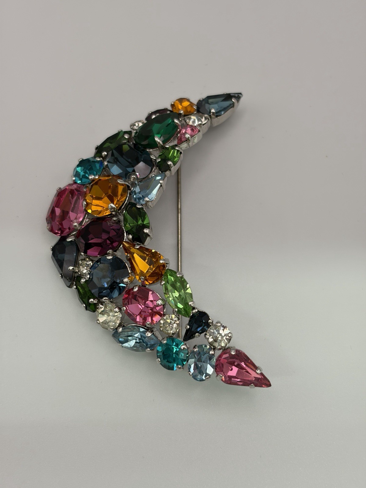 Lg Vintage Austrian Crystal 70s Brooch Brilliant Sparkling Multicolour & Shapes