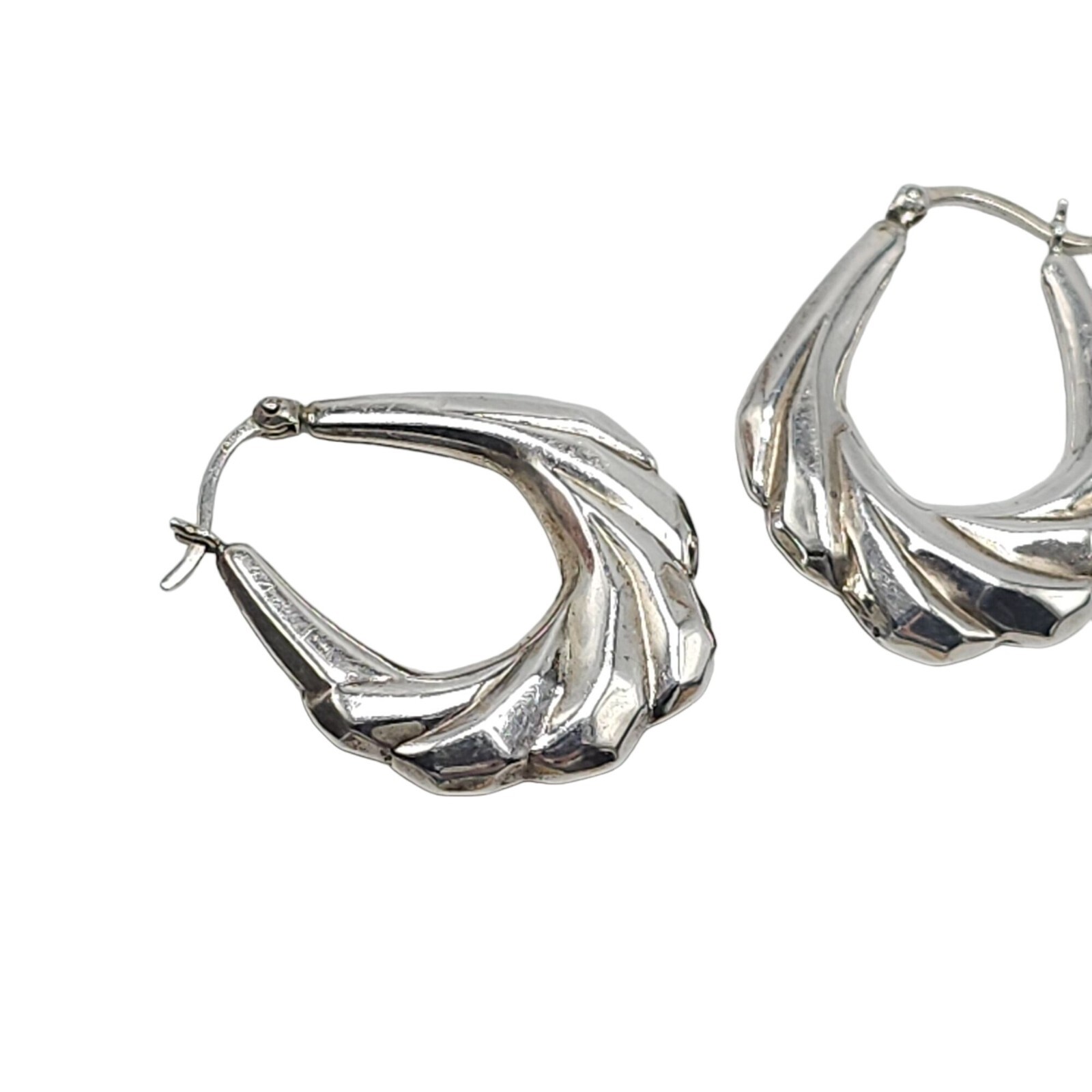 925 Sterling Silver Twist Puff Dangle Drop Hoop Earrings Vintage