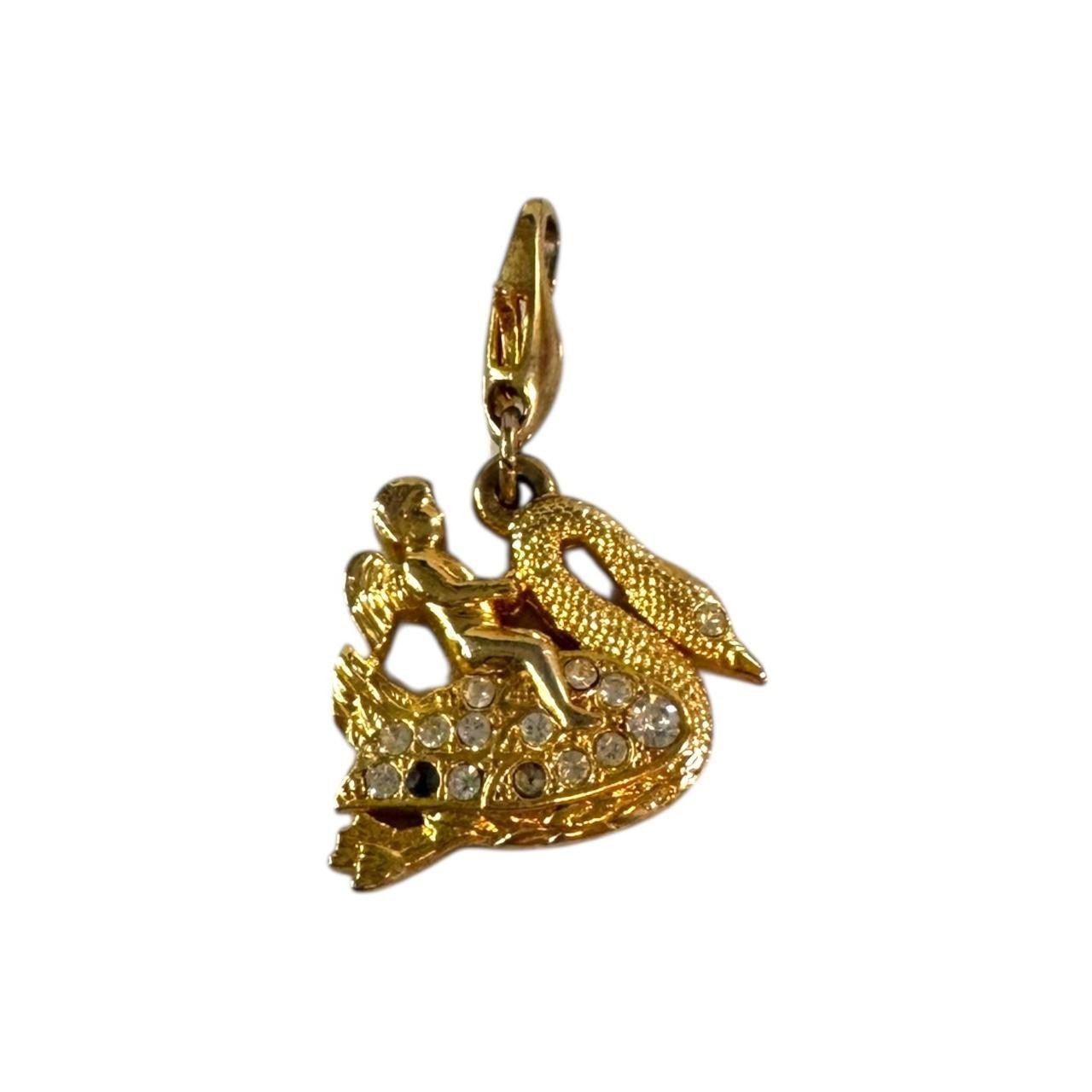 Vintage gold tone Charm Lobster Claw Clasp Cherub Riding Swan .75” Rhinestone