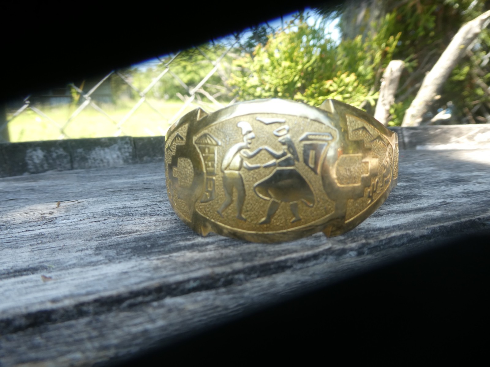 Inca Revival Brass Cuff Bracelet Gold tone Vintage