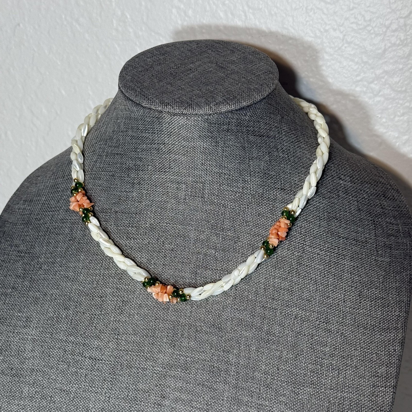 Vintage Mother of Pearl Beaded Necklace Coral Green Accents Fish Hook Clasp