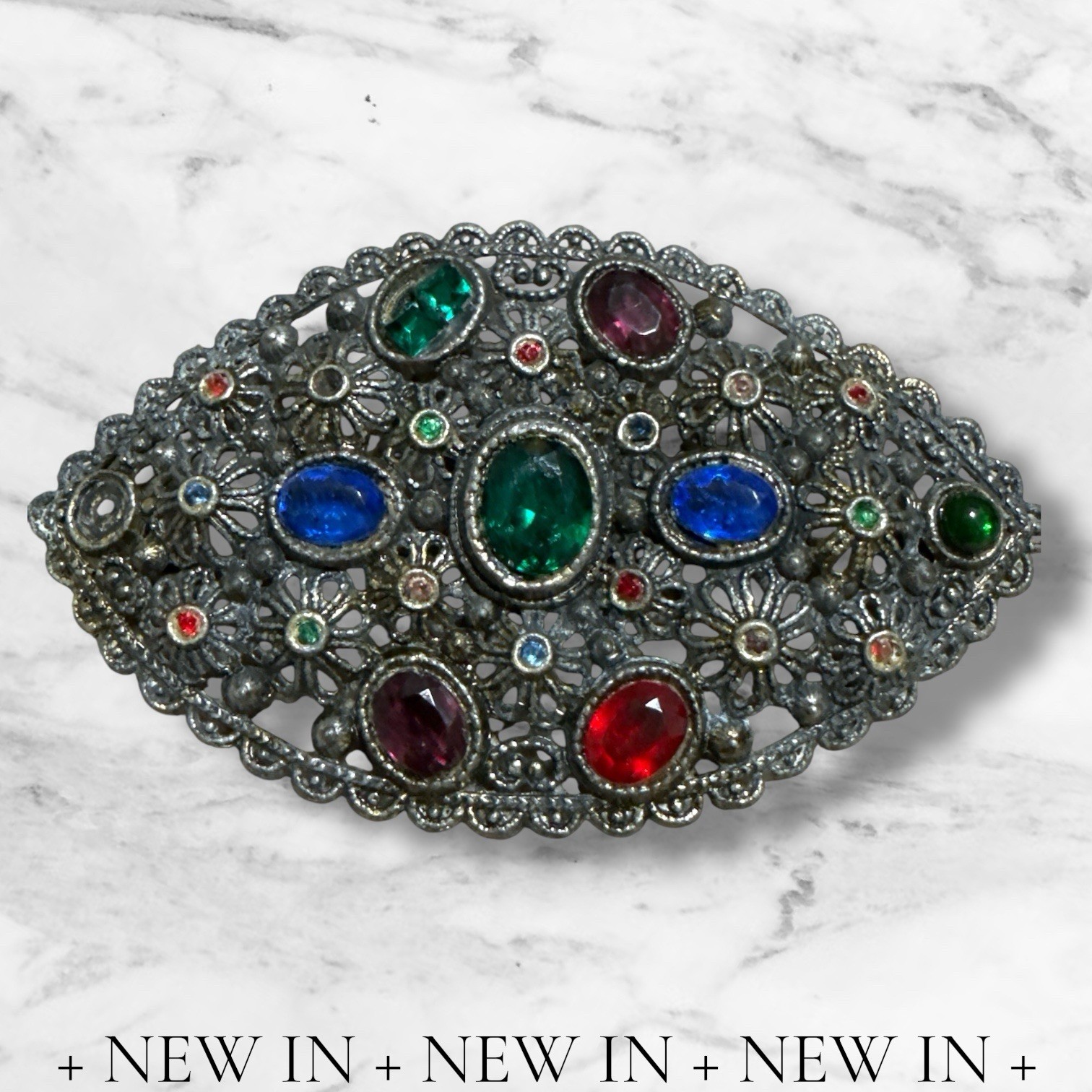 New England Glass Works Brooch Czech Glass Rhinestones Floral Art Nouveau Read