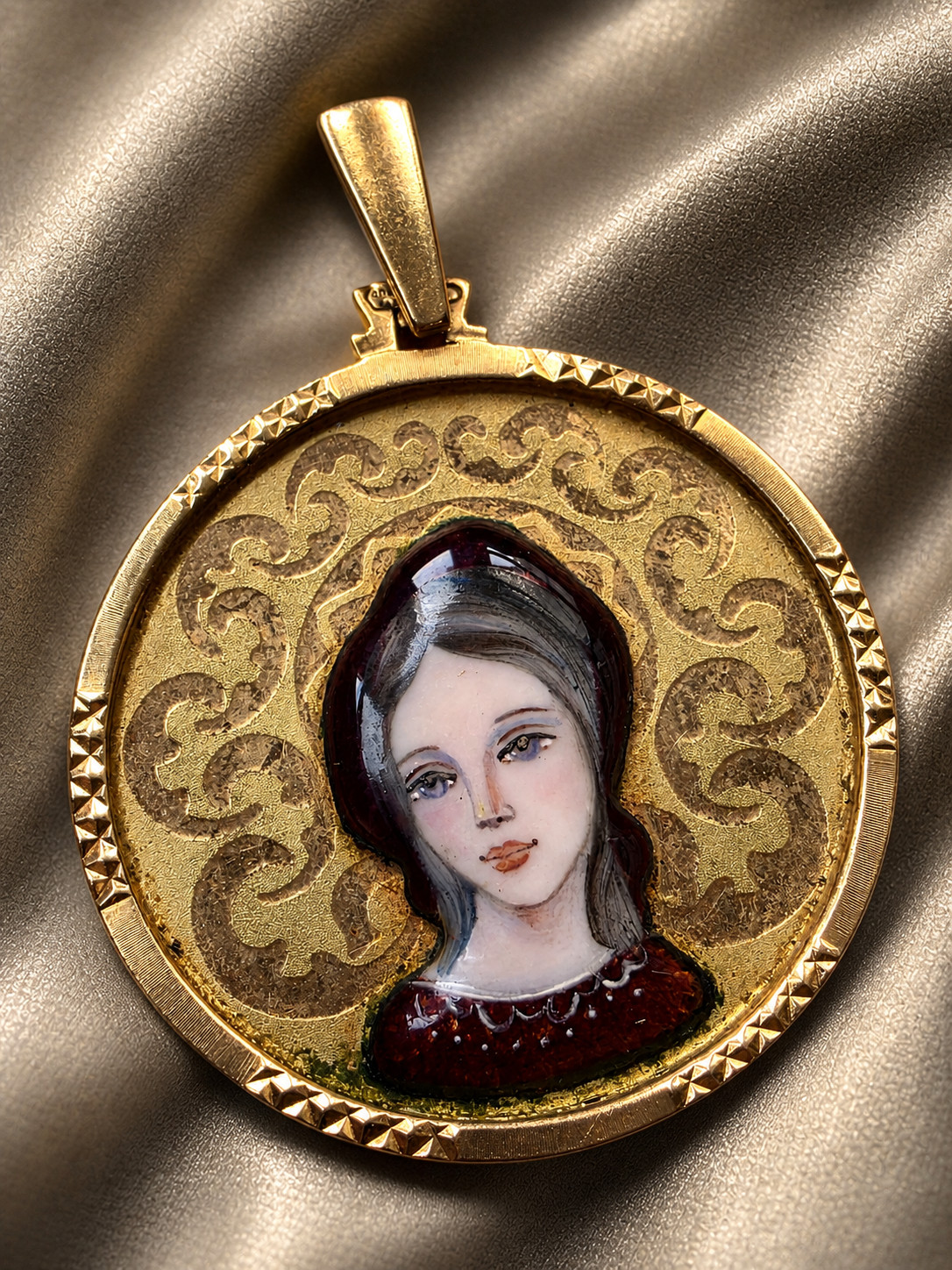 Antique 18K Gold Enamel Virgin Mary Medal Art Deco 1930 Religious Pendant Rare