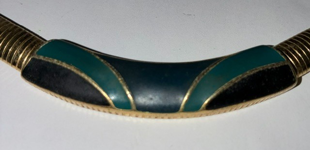 Vintage Trifari Gold Tone Choker with Jade and Black Accent; Signed
