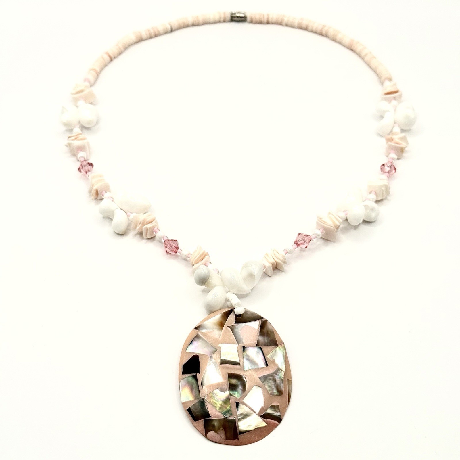 Vtg Shell Necklace Pink Multicolor Oval Pendant MOP Mosaic Tiles Ocean Rare Y￼